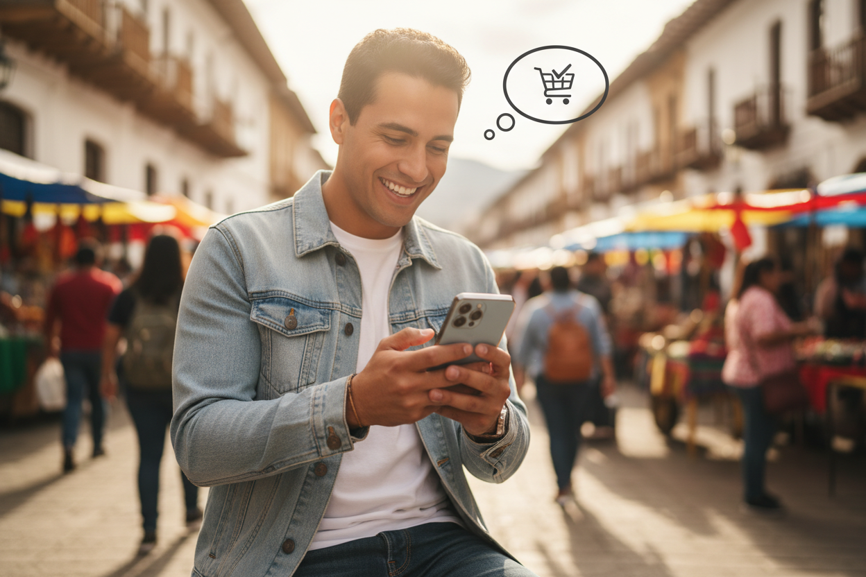 persona de colombia, hombre comprando desde el celular, sonriente, feliz, la persona mira el celular y el celular en la parte de atras tiene camaras